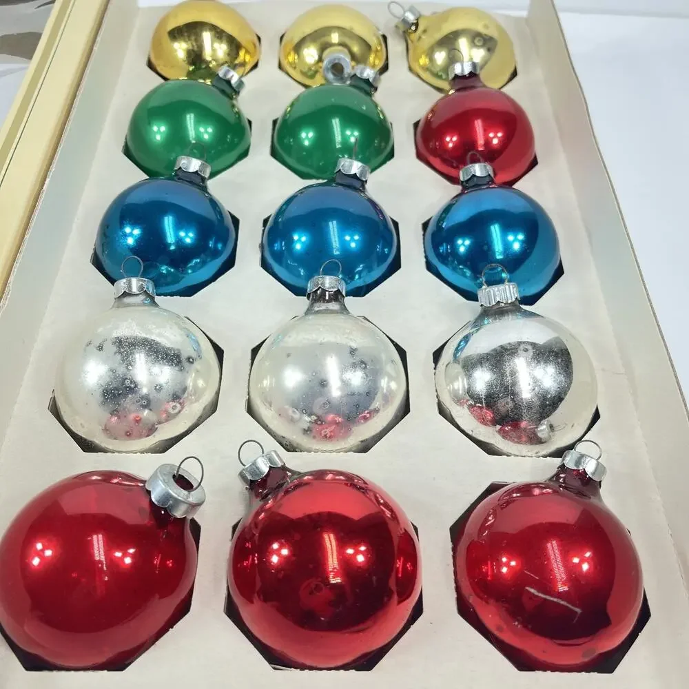 Vintage Pyramid Jumbo Glass Christmas Ornaments 15 ct USA 1970s Original w/Hooks